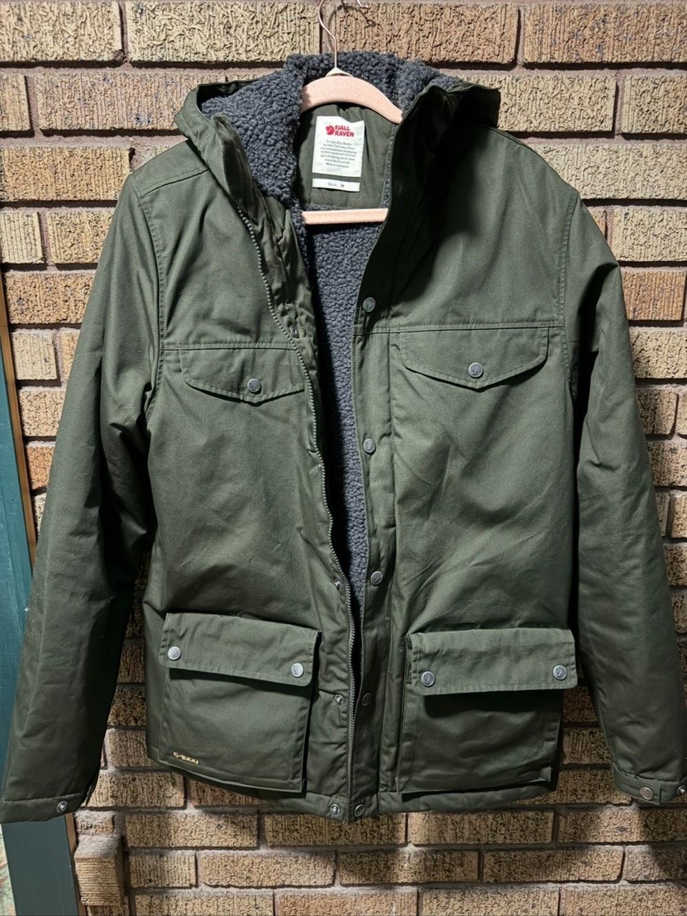 Fjallraven Dark Olive Hooded Field Jacket with Sherpa Lining